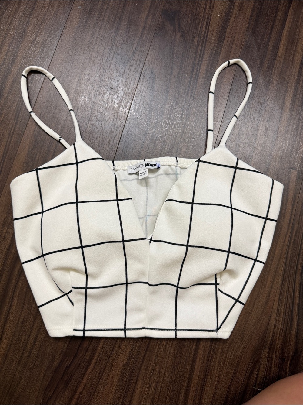Fashion Nova White Grid V-Neck Crop Cami Top